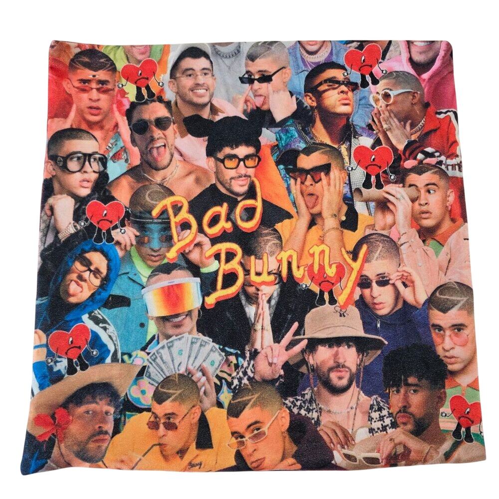 Bad Bunny Fan Art Collage Pillow Cover 18x18 Throw Case Colorful Latin Music